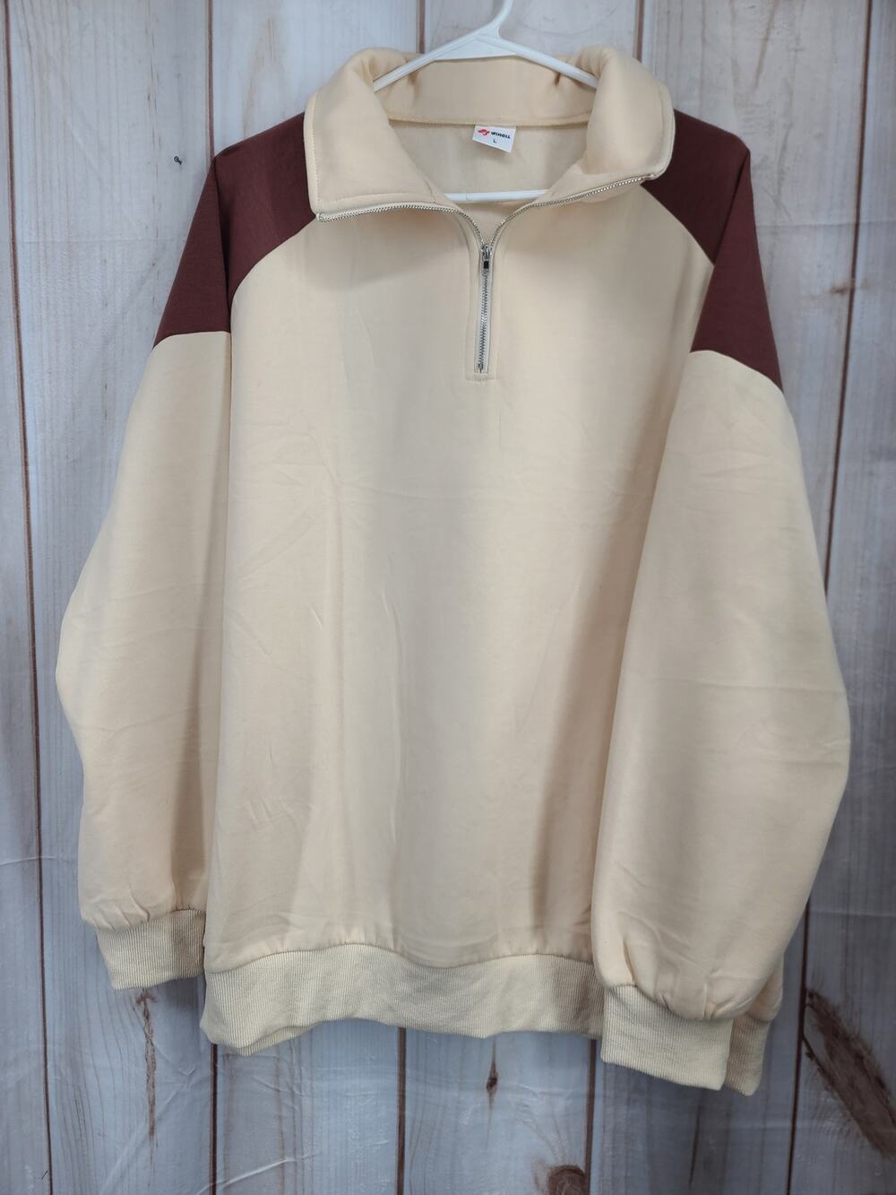 Oversized Women L WIHOLL Sweatshirt 1/4 Zip Color Block Coffee/Beige Pullover